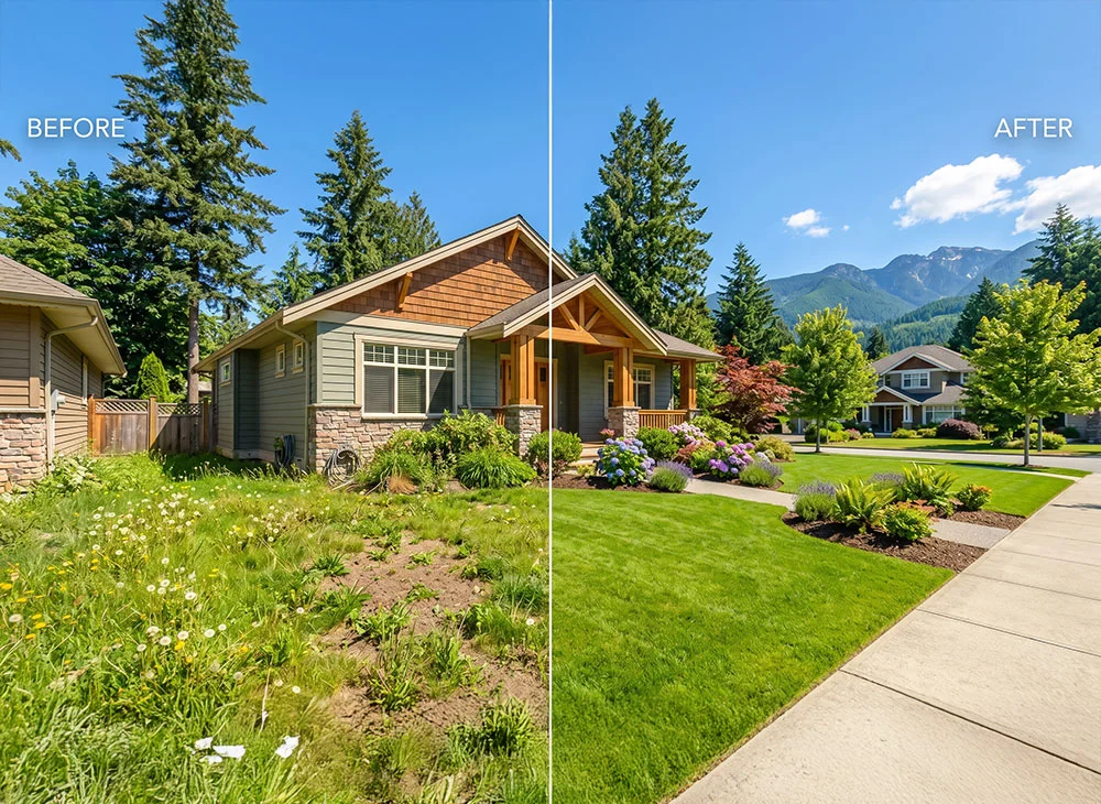 Residential yard in Kamloops BC showing signs of needing professional lawn care