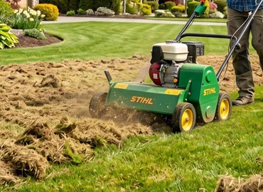 Power raking a residential lawn in Kamloops BC in spring